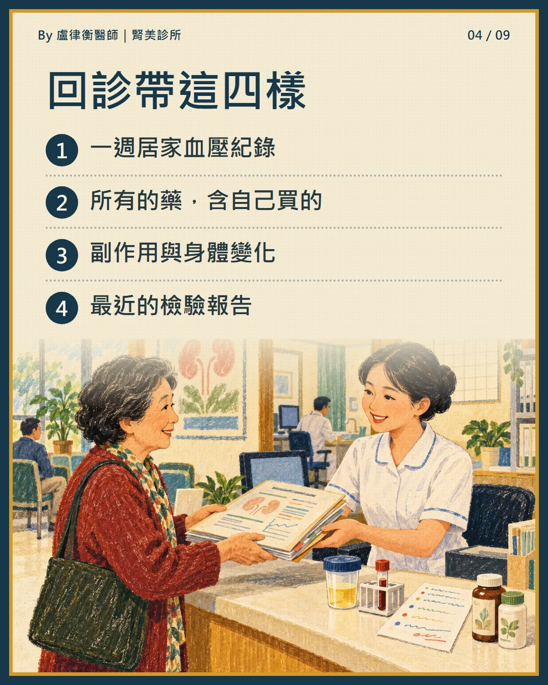 衛教小卡4:回診帶一週居家血壓紀錄、所有的藥、副作用與檢驗報告