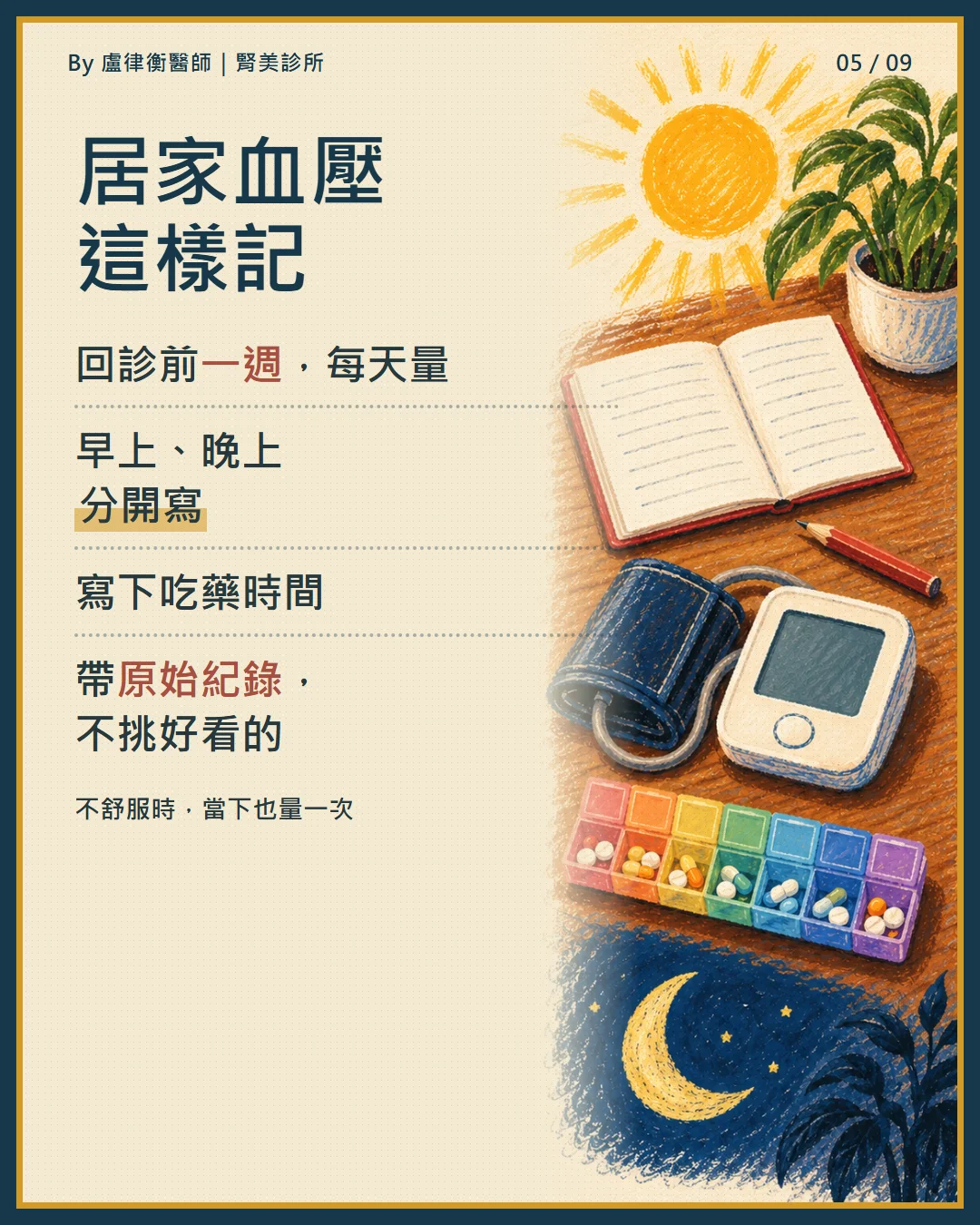 衛教小卡5:居家血壓回診前一週每天量,早晚分開寫,寫下吃藥時間,帶原始紀錄